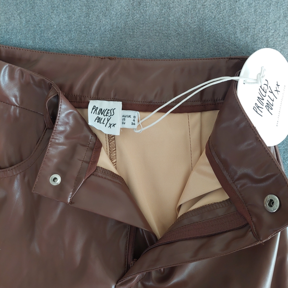 NWT Princess Polly Brown Faux Leather High Rise Straight Leg Pants - Size 4 - Picture 7 of 10